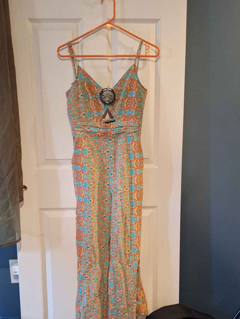 Moon River Teal & Coral Printed Jumpsuit Adjustable Straps Cutouts